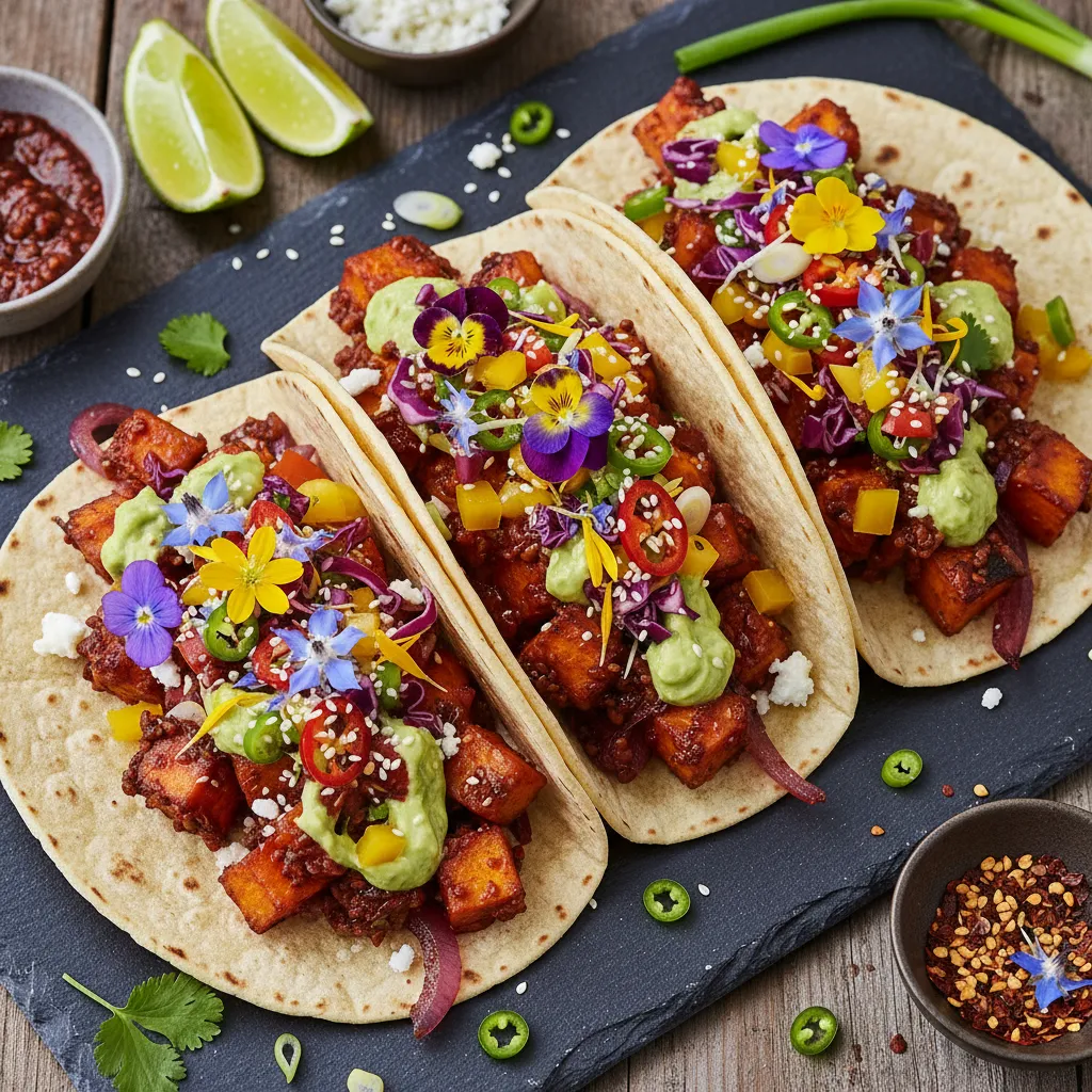 Savory Miso Sweet Potato Tacos with Edible Flower Salsa