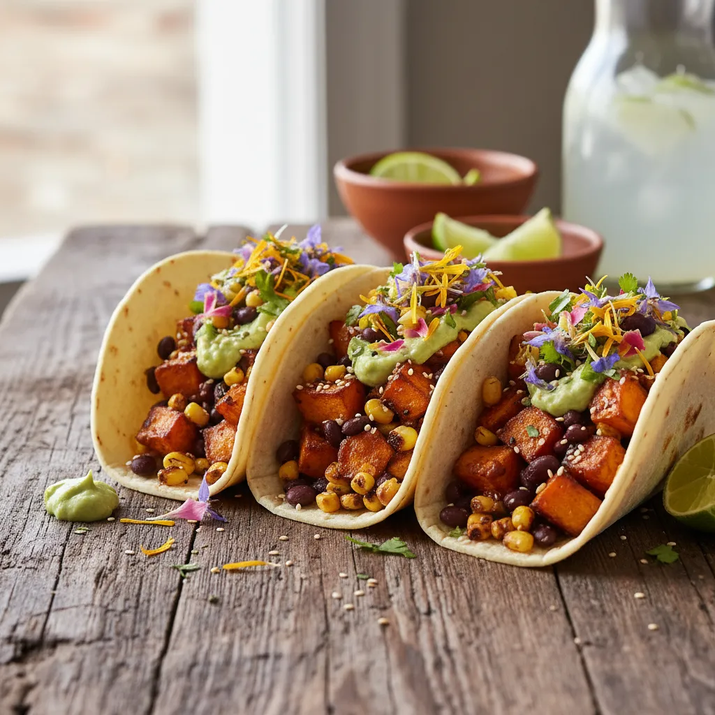 Savory Miso Sweet Potato Tacos with Edible Flower Salsa