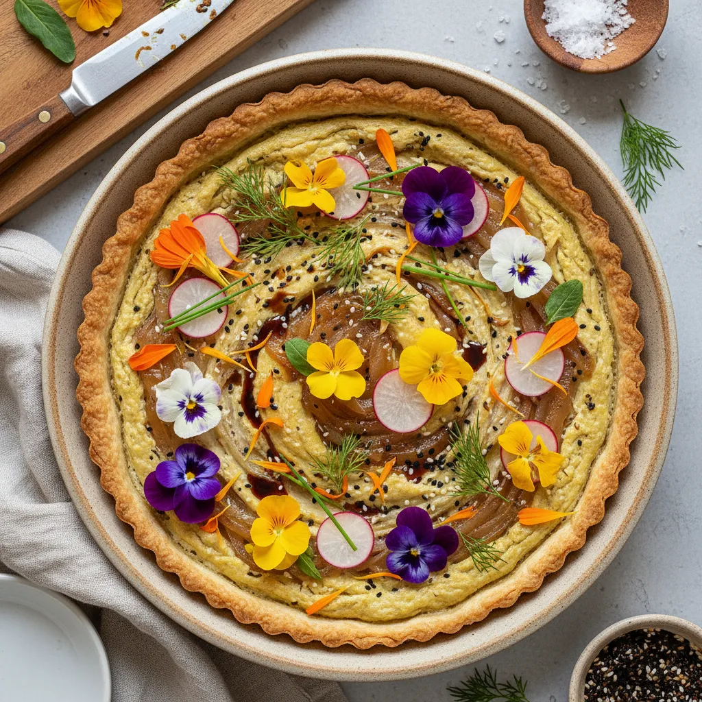 Savory Miso and Celery Root Tart with Edible Flowers