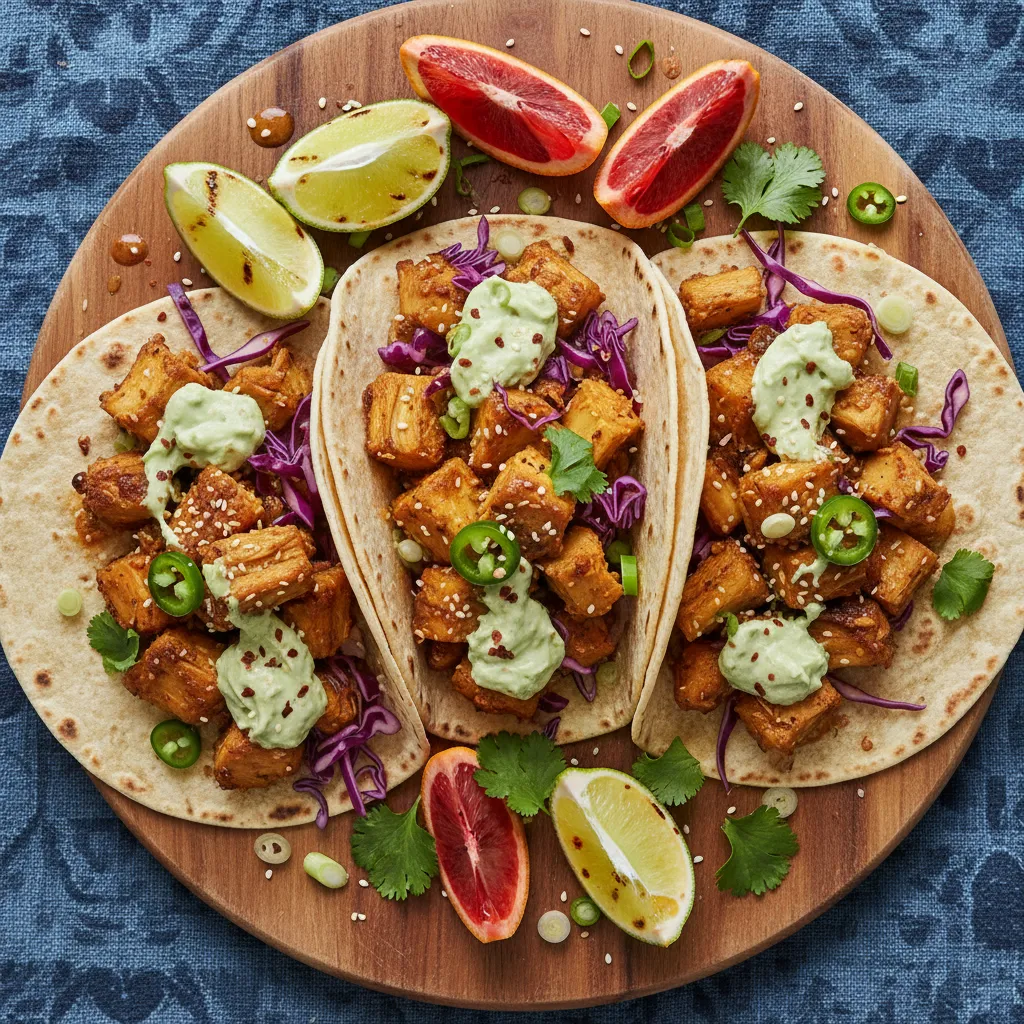 Savory Miso and Citrus-Braised Jackfruit Tacos with Spicy Avocado Cream