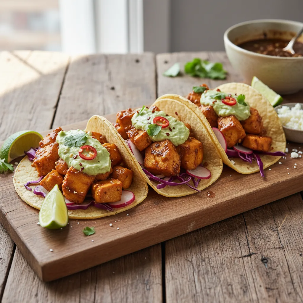Savory Miso and Citrus-Braised Jackfruit Tacos with Spicy Avocado Cream
