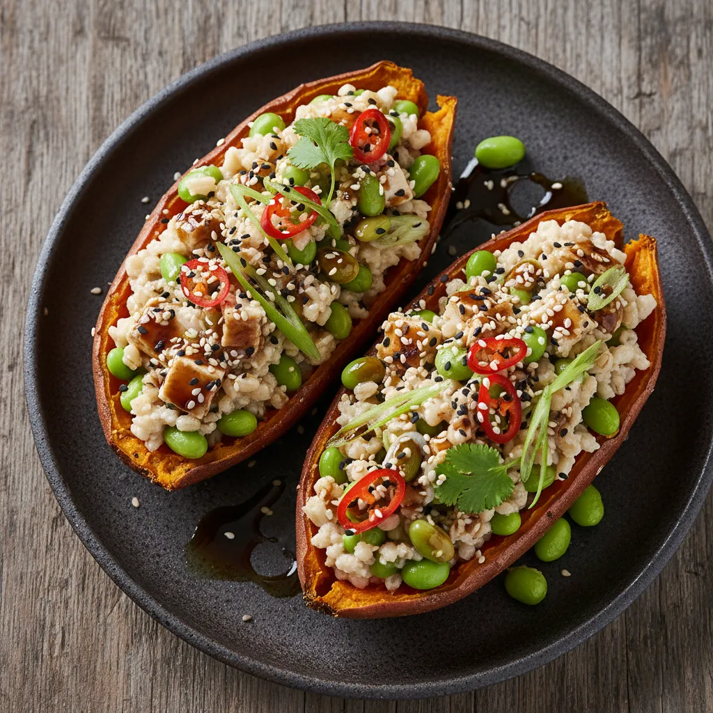 Savory Miso and Edamame Stuffed Sweet Potatoes with Sesame Drizzle