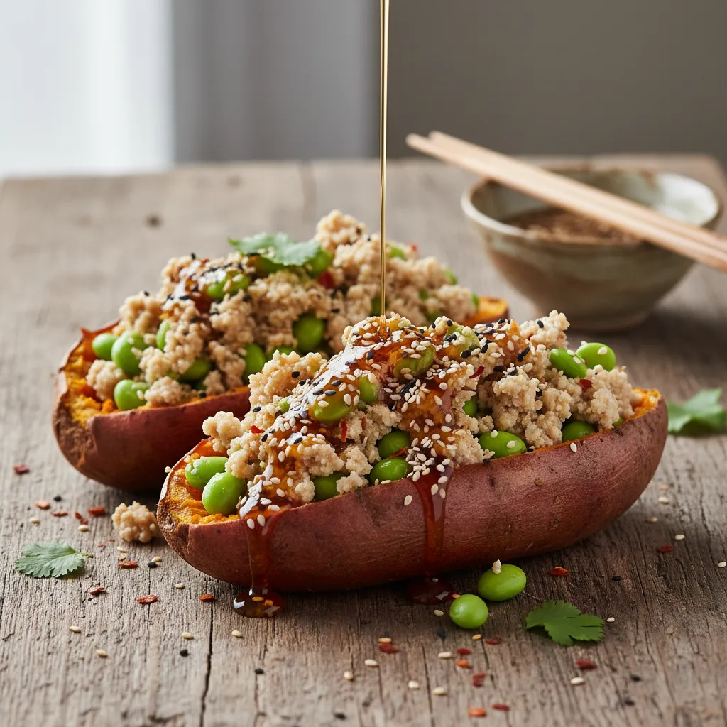 Savory Miso and Edamame Stuffed Sweet Potatoes with Sesame Drizzle