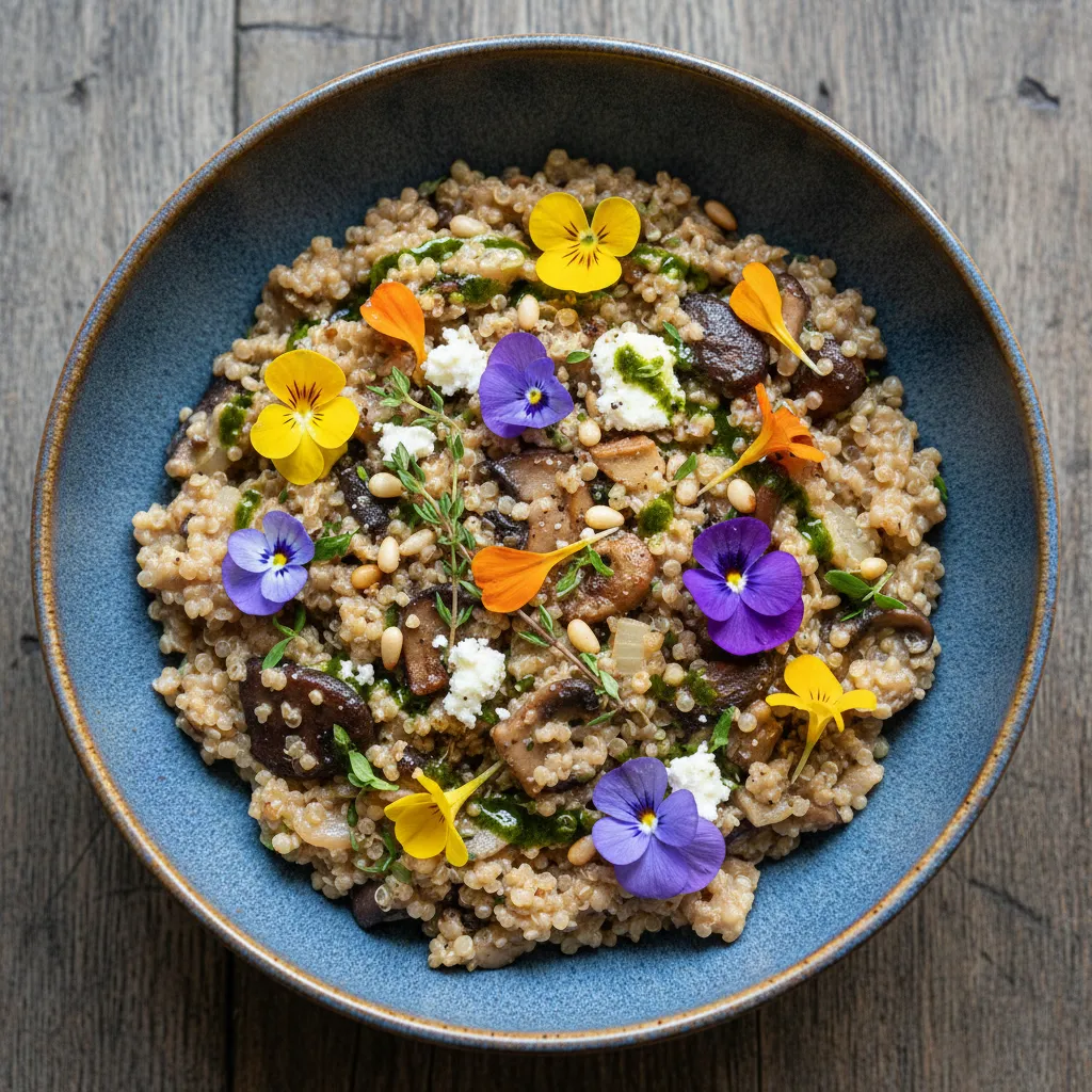 Savory Mushroom and Edible Flower Quinoa Risotto