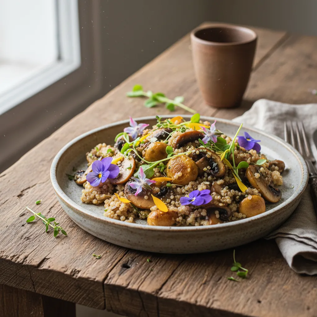 Savory Mushroom and Edible Flower Quinoa Risotto