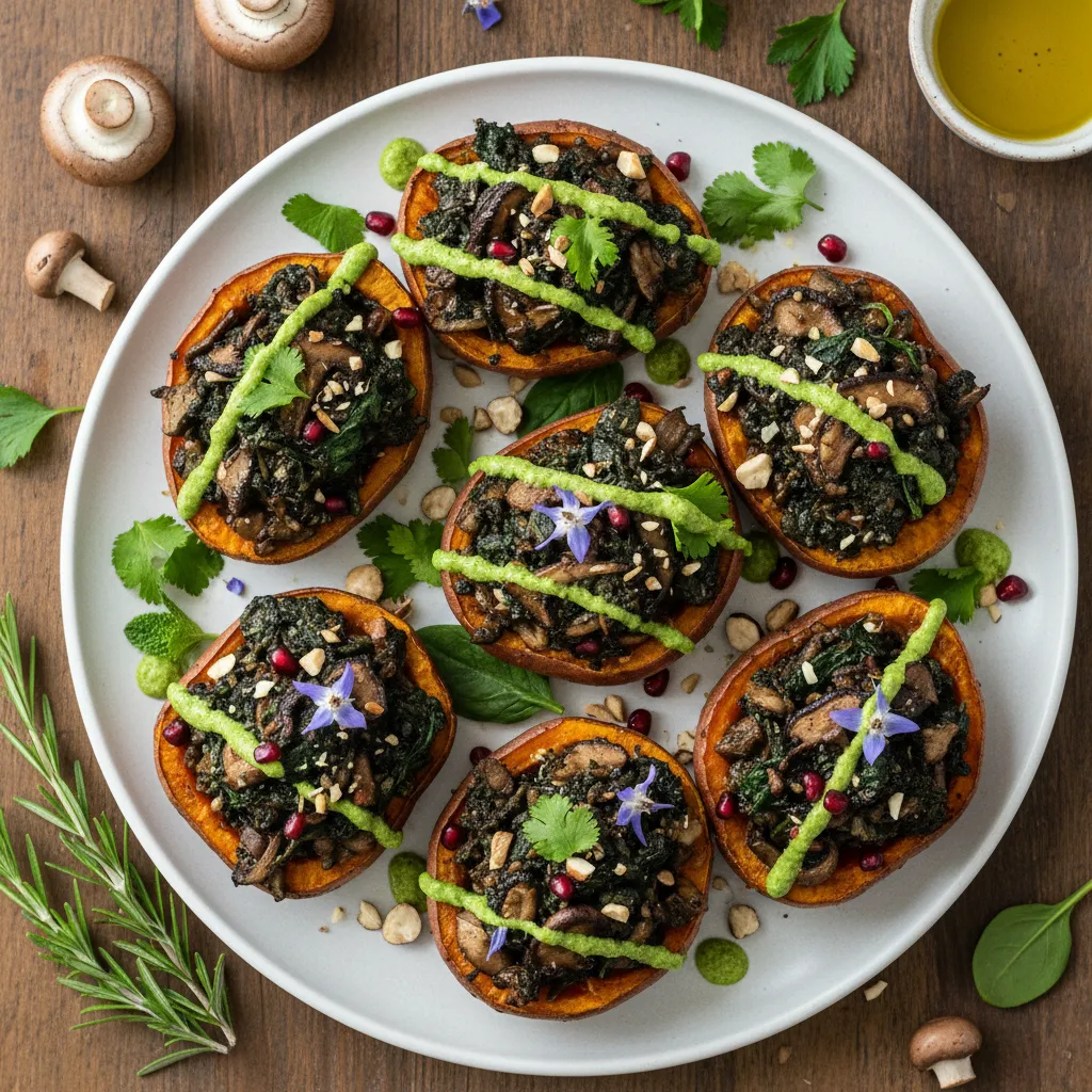 Savory Mushroom and Spirulina-Stuffed Sweet Potatoes with Herb Drizzle