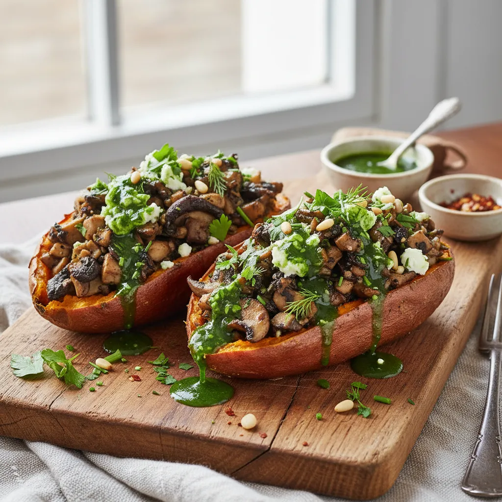 Savory Mushroom and Spirulina-Stuffed Sweet Potatoes with Herb Drizzle