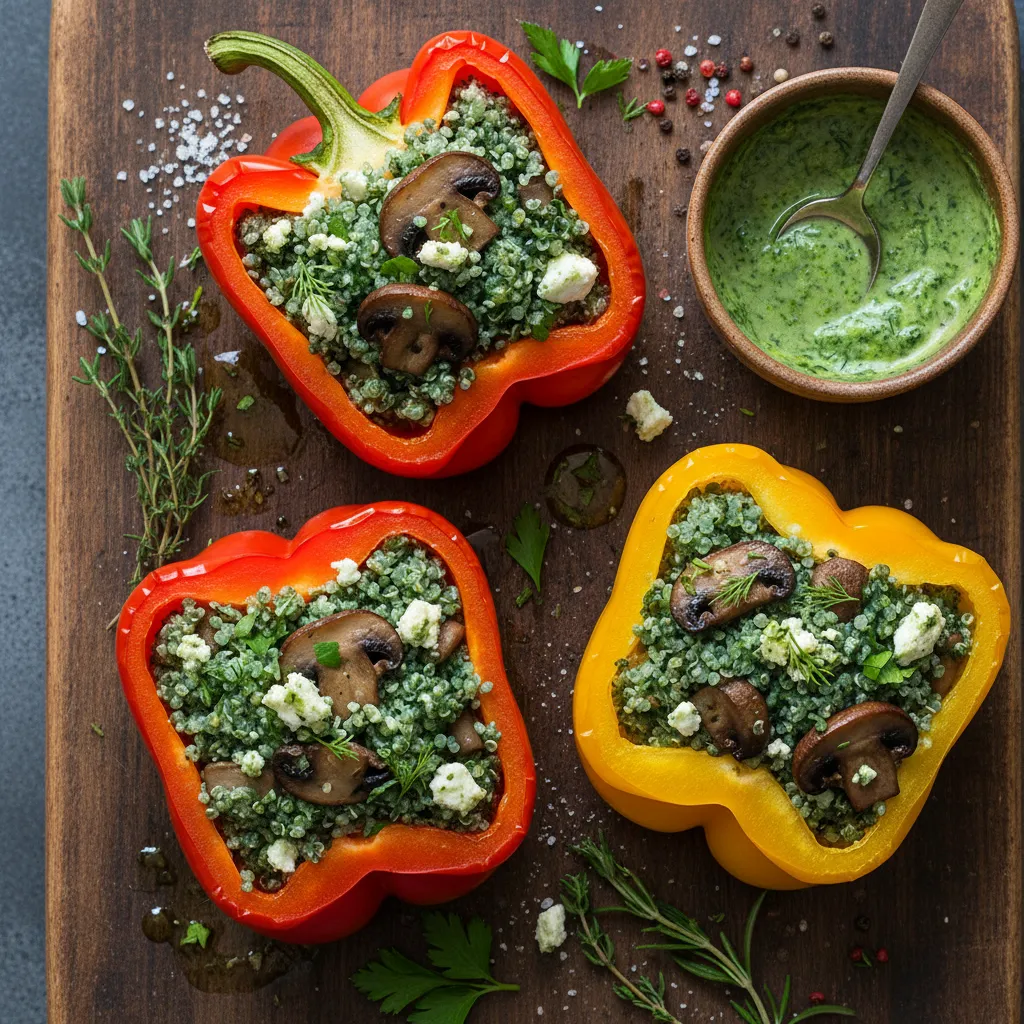 Savory Mushroom and Spirulina Quinoa Stuffed Bell Peppers