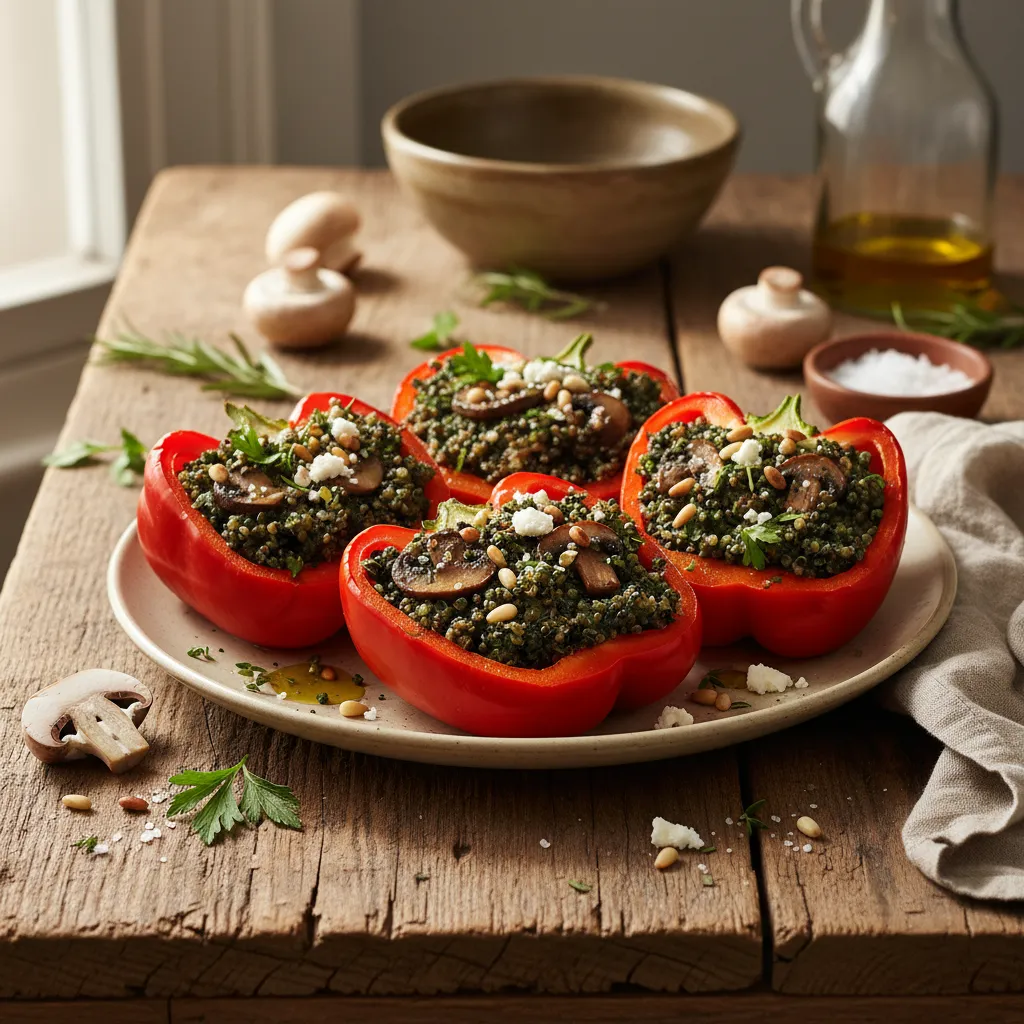 Savory Mushroom and Spirulina Quinoa Stuffed Bell Peppers