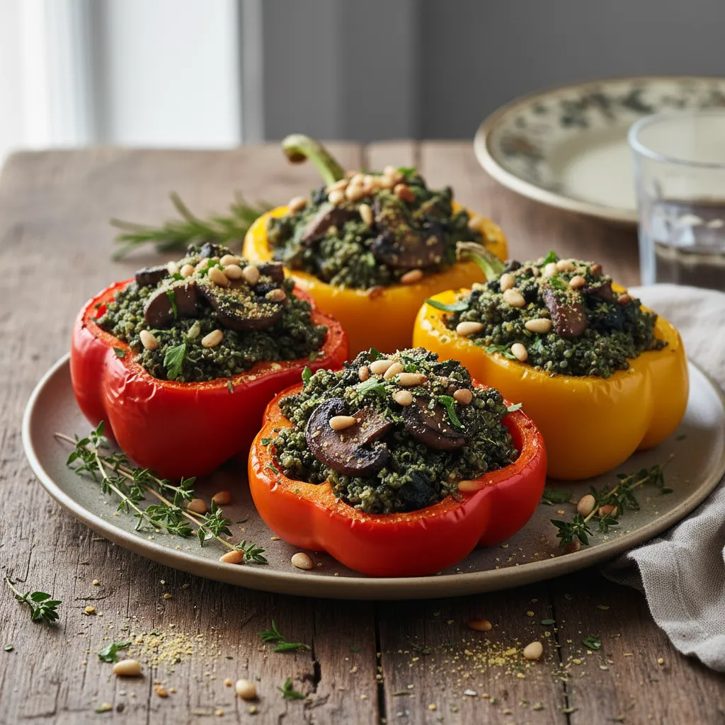 Savory Mushroom and Spirulina Quinoa Stuffed Peppers