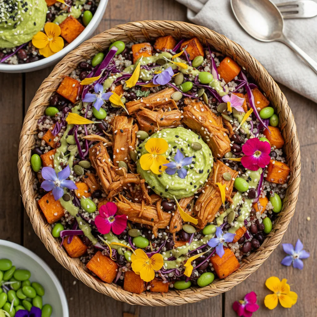 Savory Nutrient-Packed Jackfruit Quinoa Bowls with Edible Flower Topping