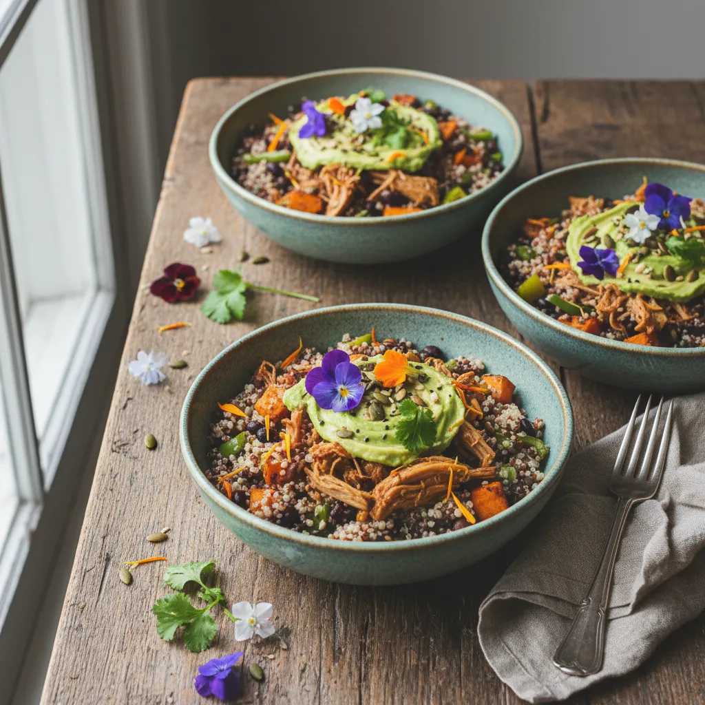 Savory Nutrient-Packed Jackfruit Quinoa Bowls with Edible Flower Topping