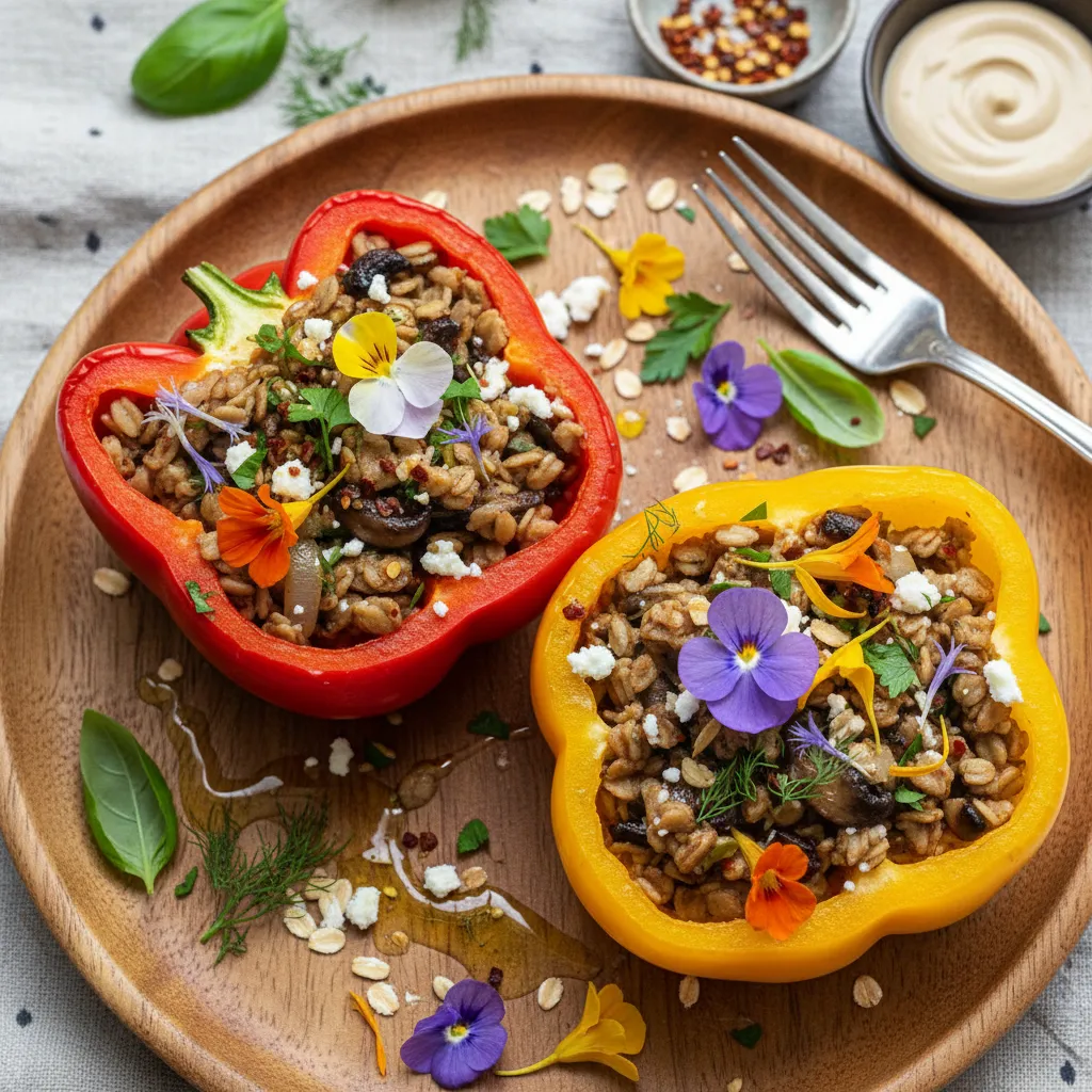 Savory Oats and Edible Flower Stuffed Bell Peppers