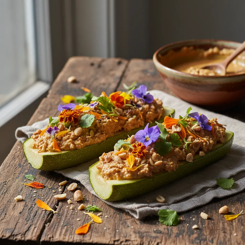 Savory Peanut Butter and Edible Flower Stuffed Zucchini Boats