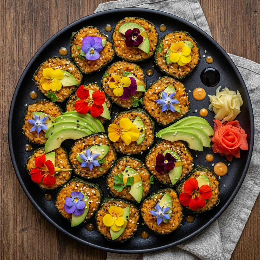 Savory Pumpkin-Brown Rice Sushi Rolls with Avocado and Edible Flowers