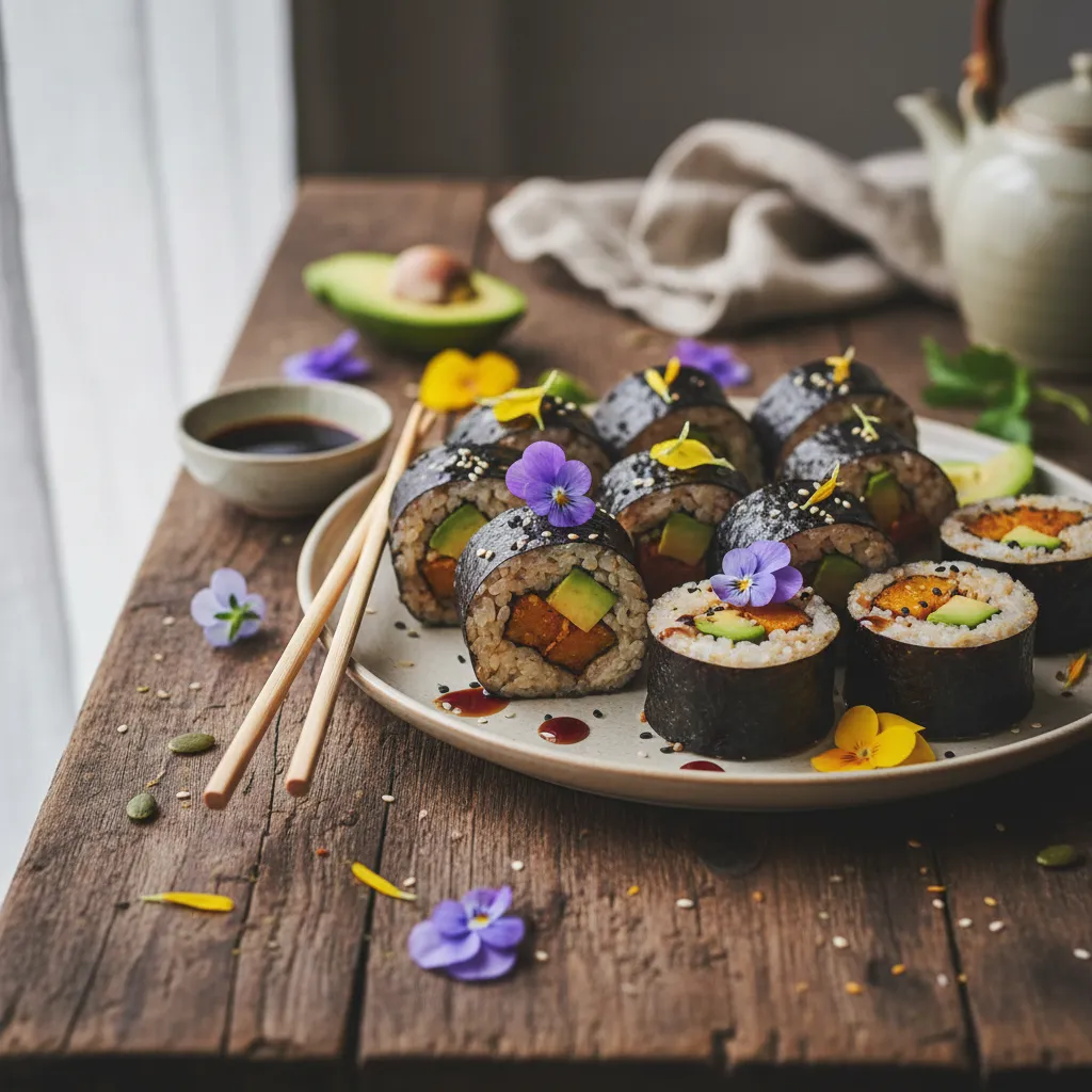 Savory Pumpkin-Brown Rice Sushi Rolls with Avocado and Edible Flowers