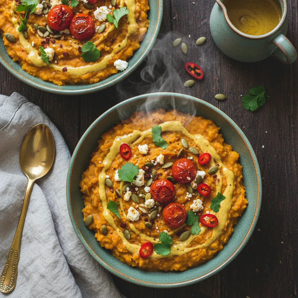 Savory Pumpkin Oatmeal Bowls with Turmeric Tahini Drizzle