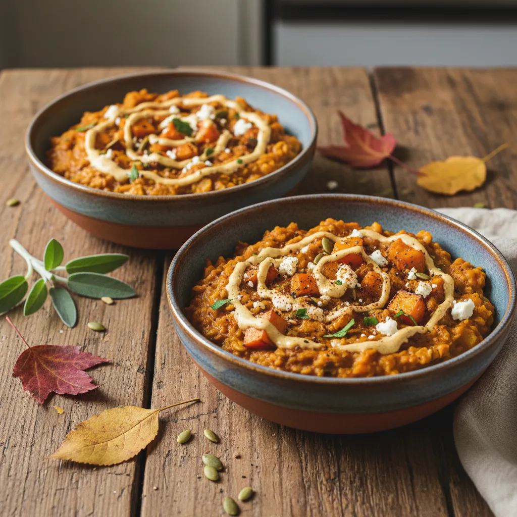 Savory Pumpkin Oatmeal Bowls with Turmeric Tahini Drizzle