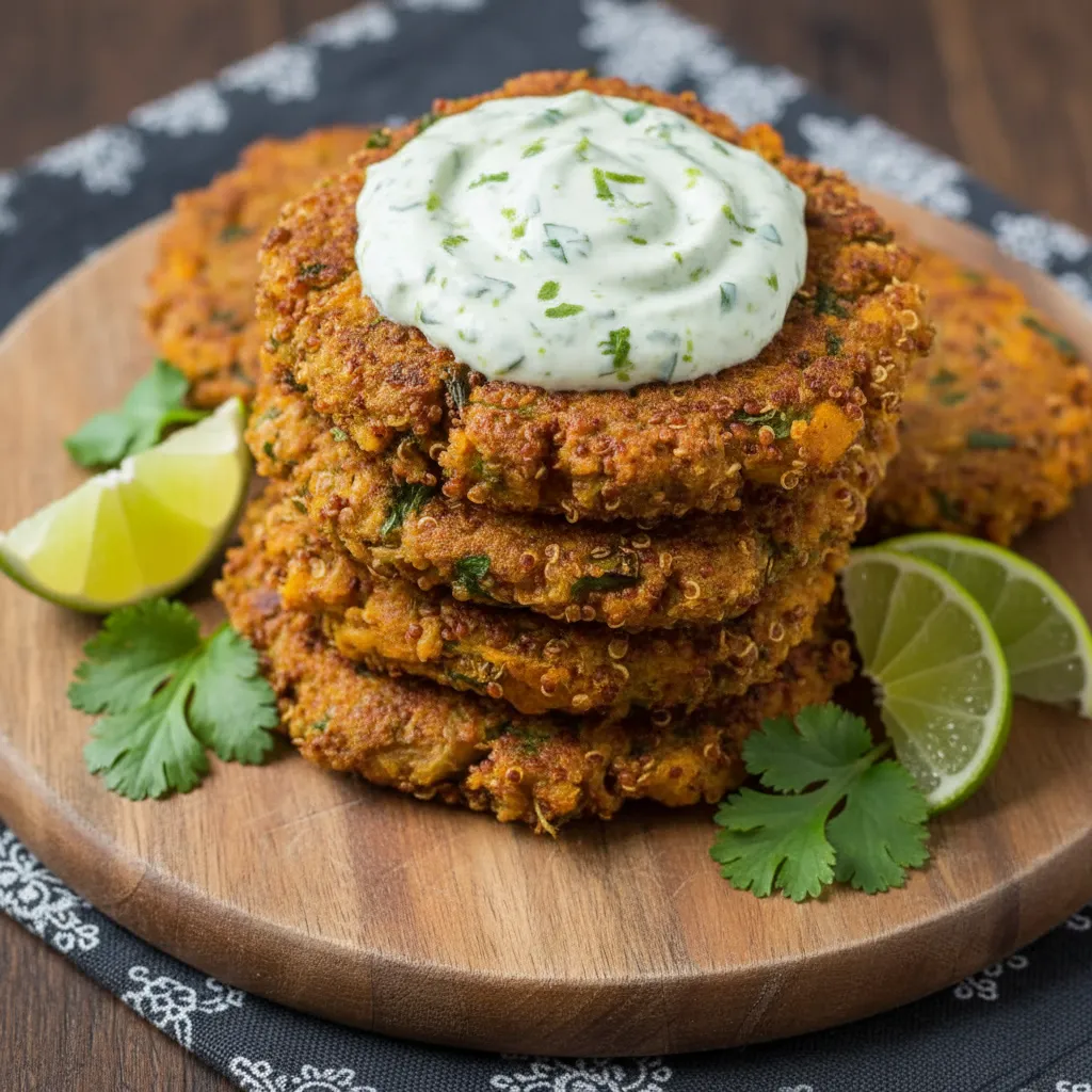 Savory Pumpkin Quinoa Fritters with Cilantro Lime Cream