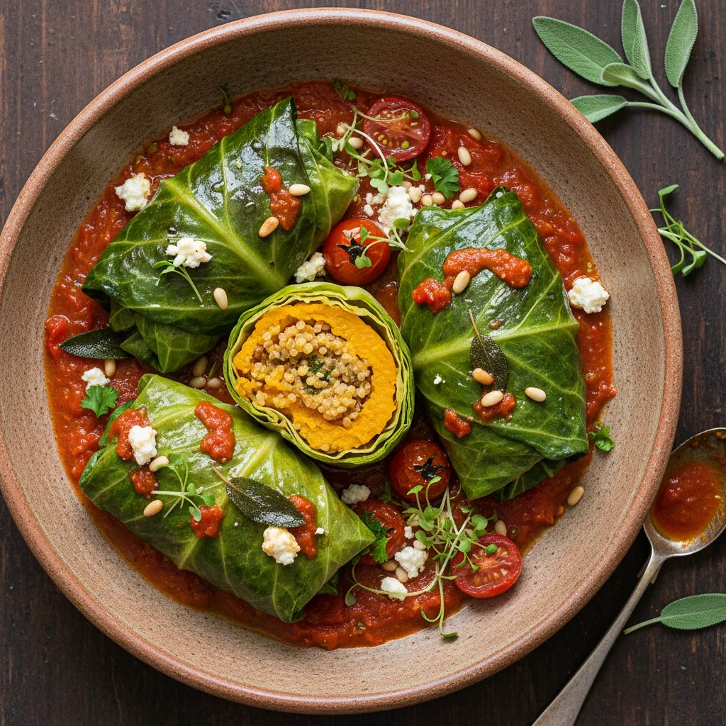 Savory Pumpkin Sage Quinoa-Stuffed Cabbage Rolls