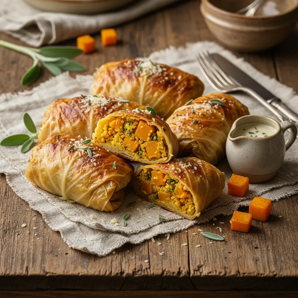 Savory Pumpkin Sage Quinoa-Stuffed Cabbage Rolls