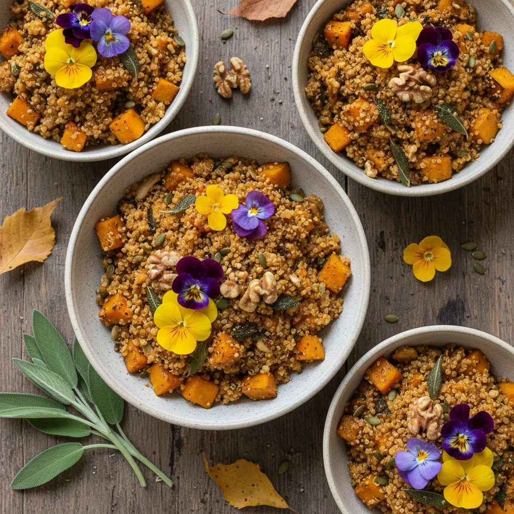 Savory Pumpkin Sage Quinoa Bowls with Edible Flower Garnish