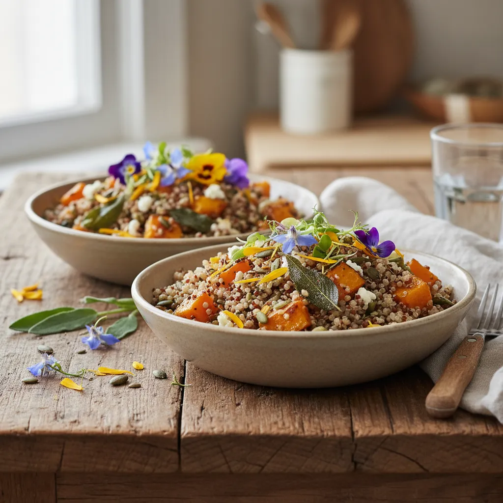 Savory Pumpkin Sage Quinoa Bowls with Edible Flower Garnish