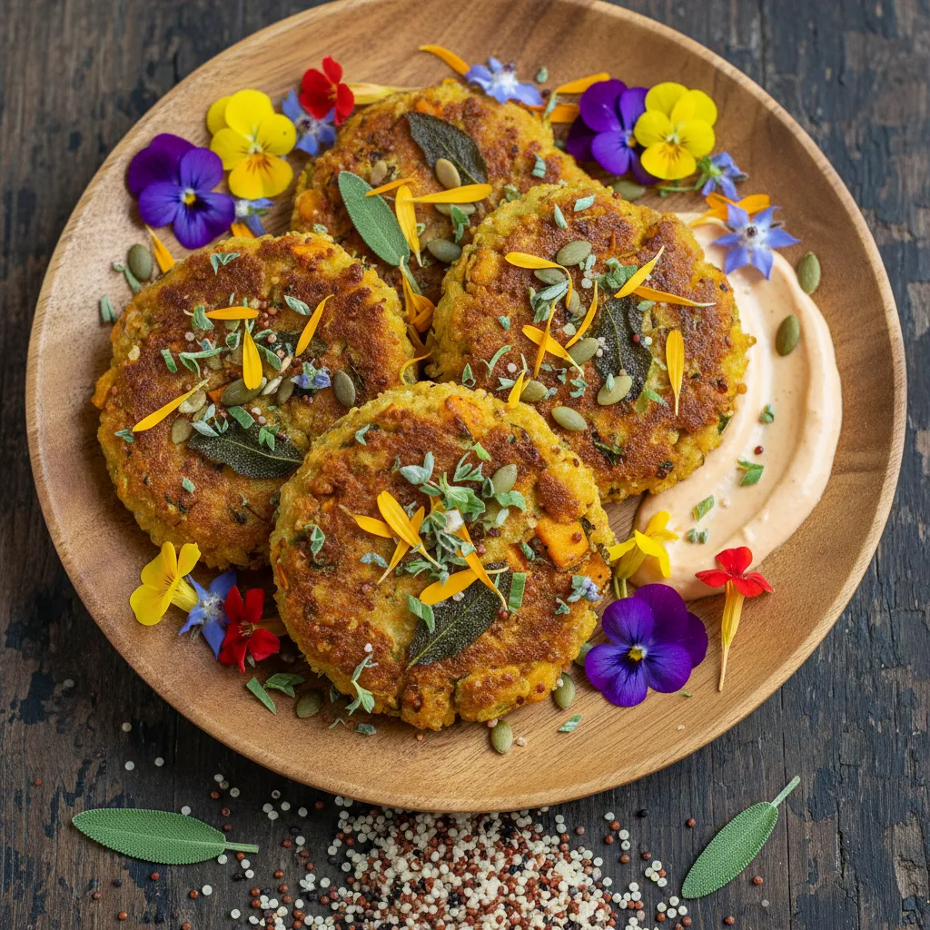 Savory Pumpkin Sage Quinoa Cakes with Edible Flower Garnish