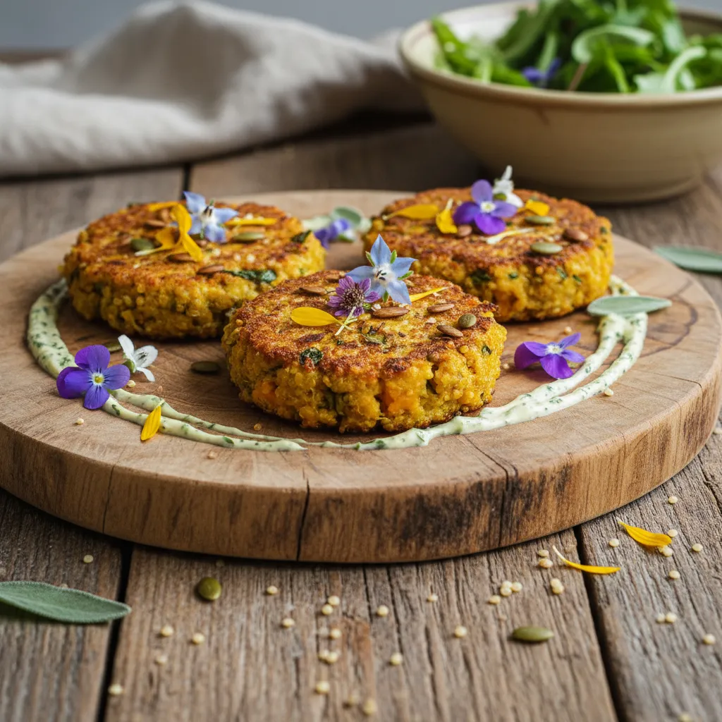 Savory Pumpkin Sage Quinoa Cakes with Edible Flower Garnish