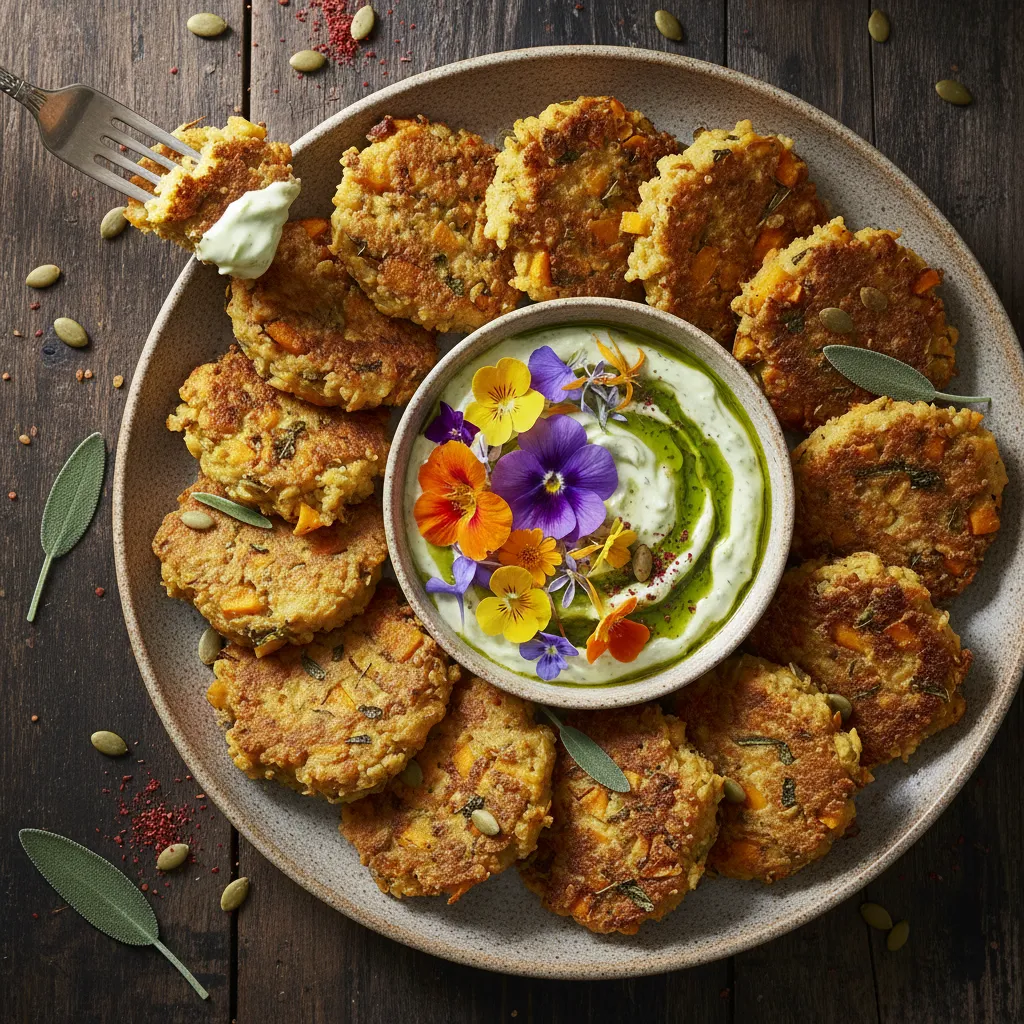 Savory Pumpkin Sage Quinoa Fritters with Edible Flower Dip