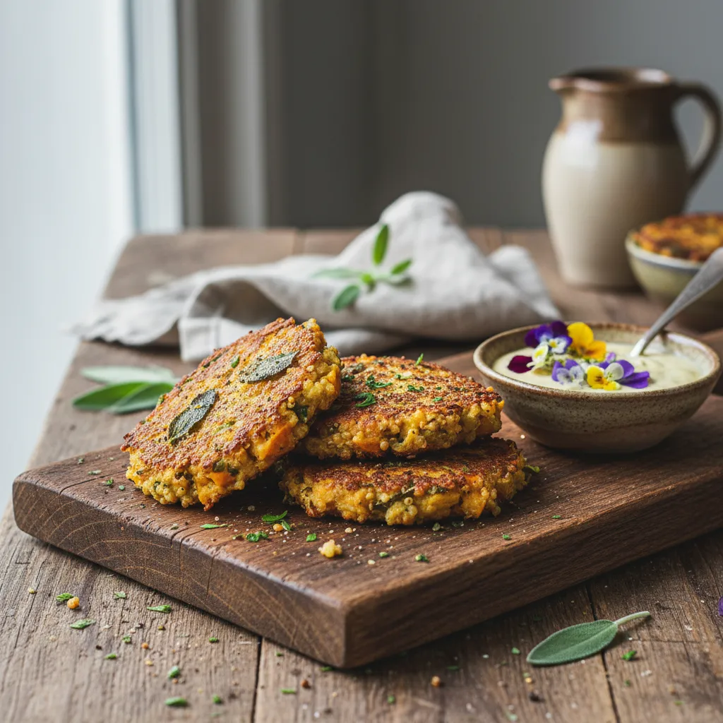 Savory Pumpkin Sage Quinoa Fritters with Edible Flower Dip