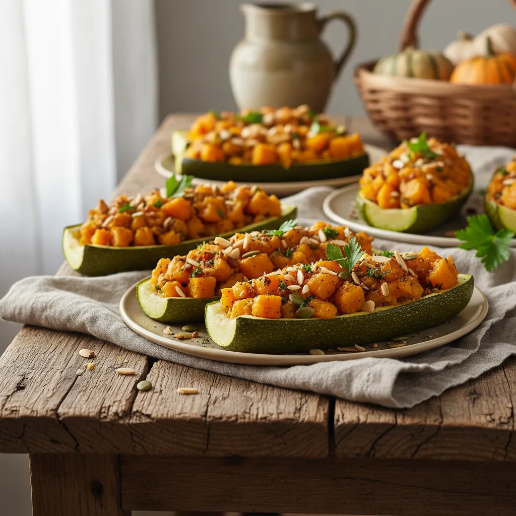 Savory Pumpkin and Almond-Stuffed Zucchini Boats