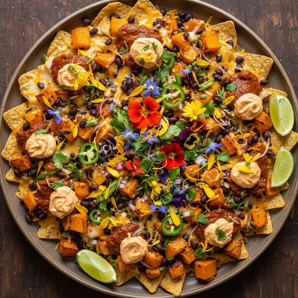 Savory Pumpkin and Black Bean Quinoa Nachos with Edible Flower Salsa