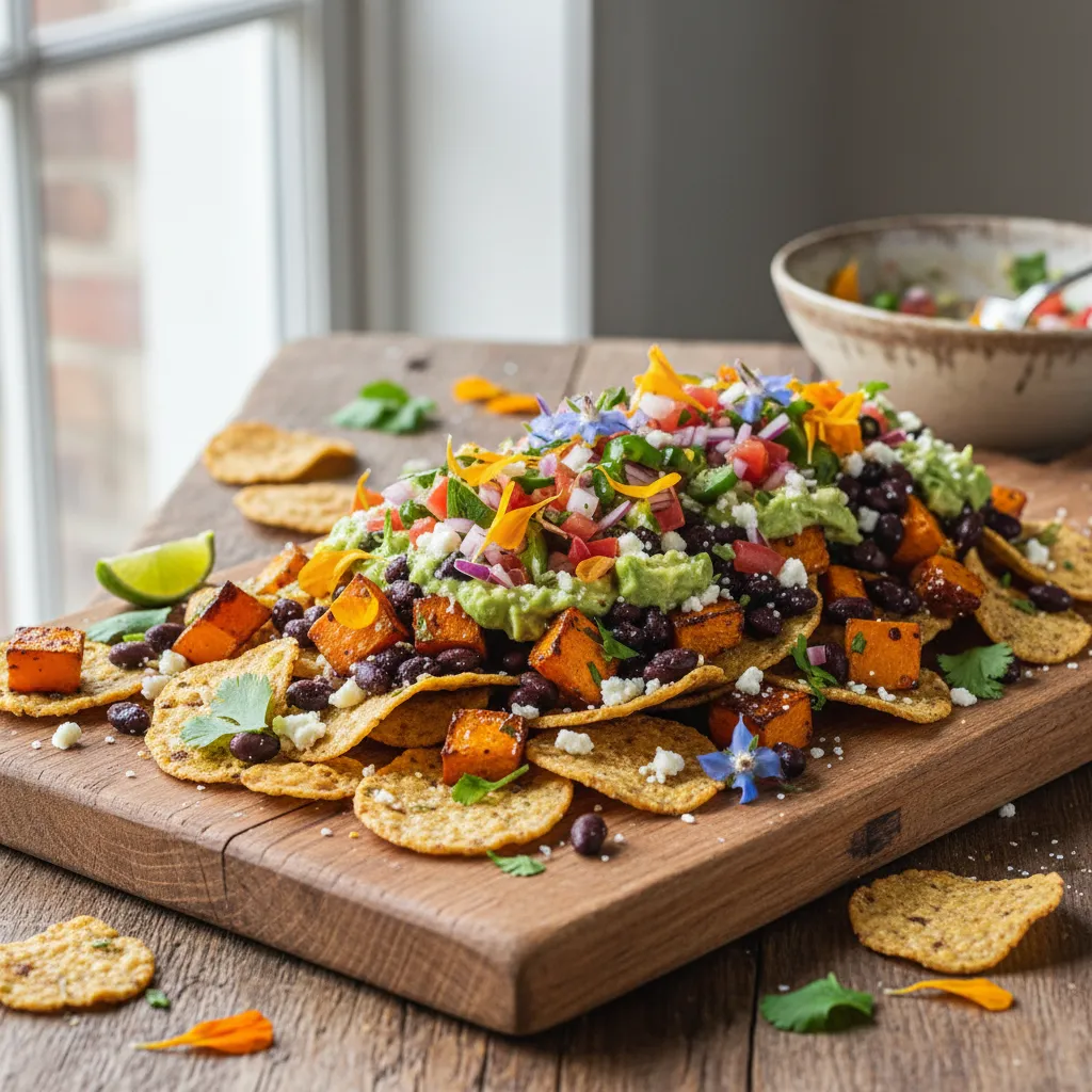 Savory Pumpkin and Black Bean Quinoa Nachos with Edible Flower Salsa