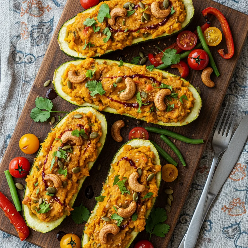 Savory Pumpkin and Cashew Cream Stuffed Zucchini Boats