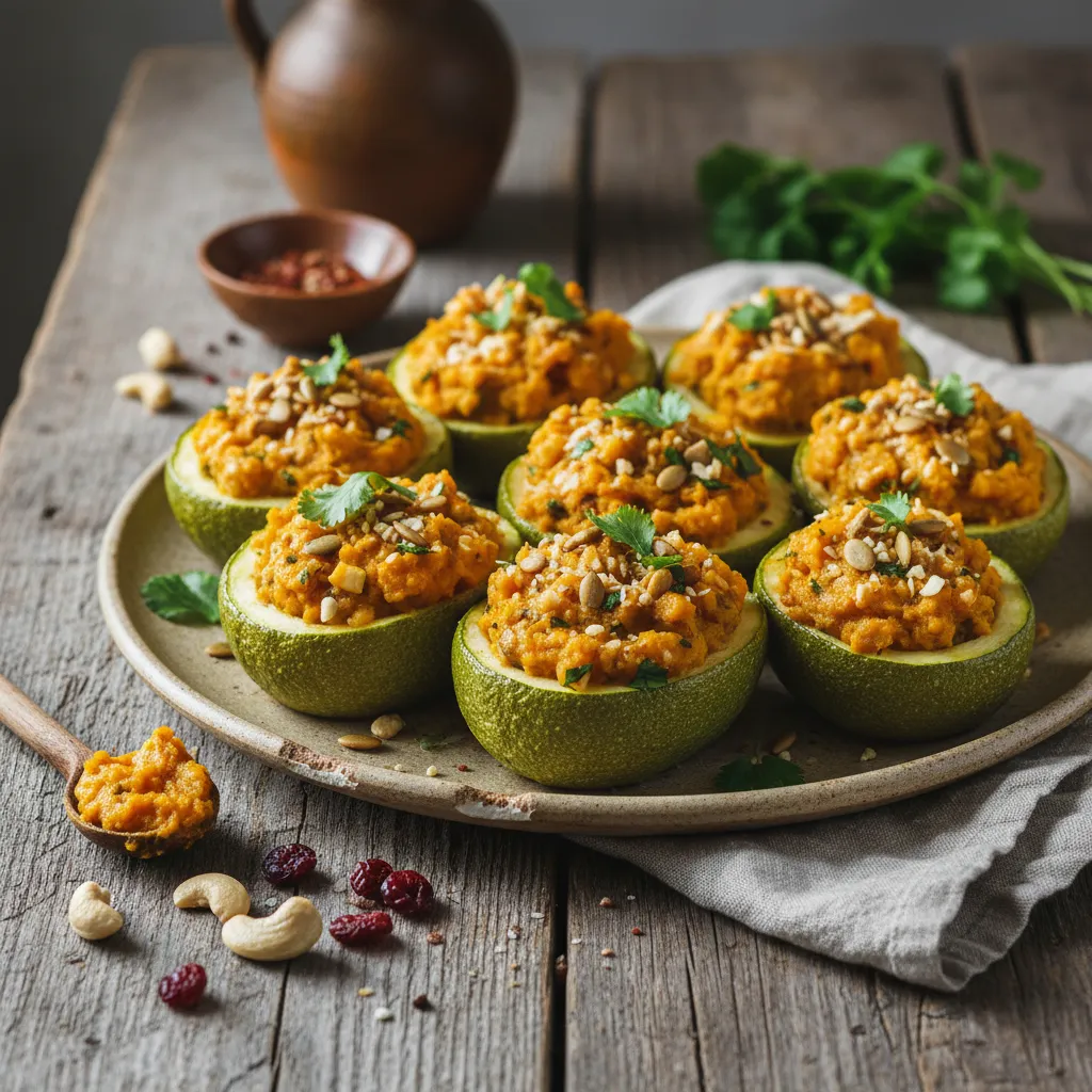 Savory Pumpkin and Cashew Cream Stuffed Zucchini Boats