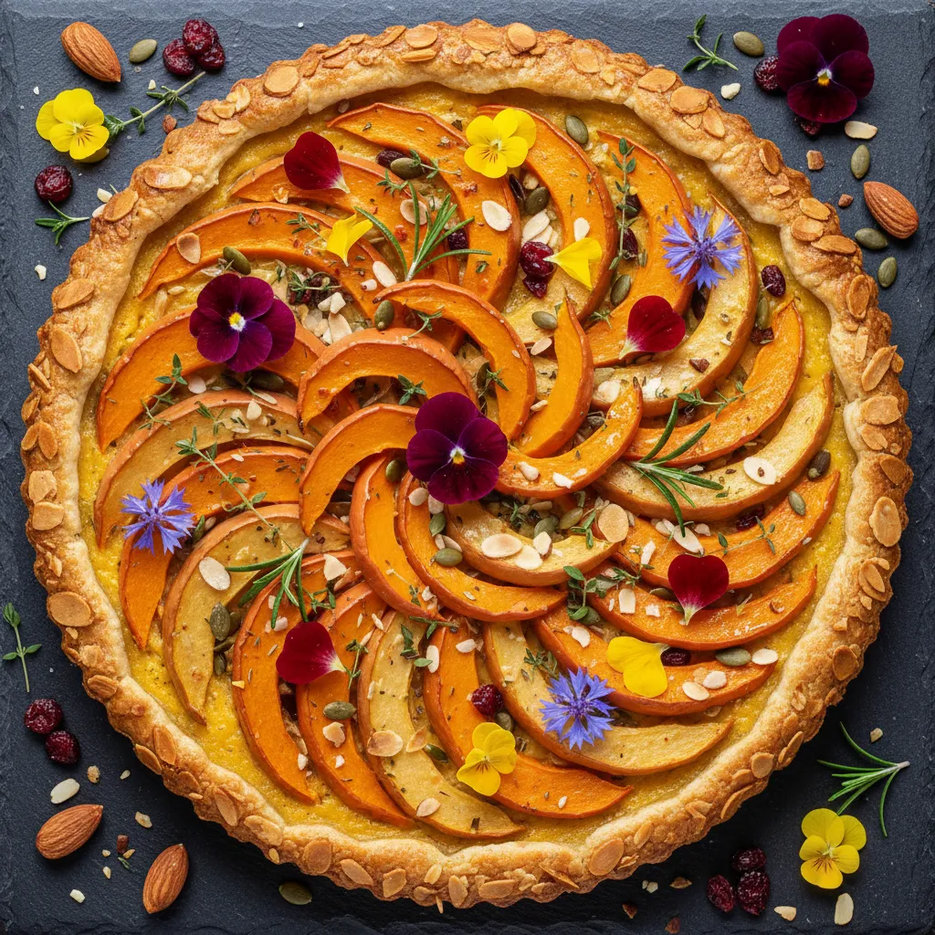 Savory Pumpkin and Edible Flower Tart with Almond Crust