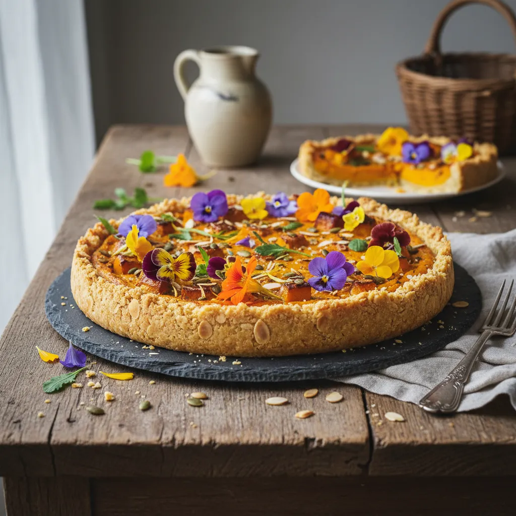 Savory Pumpkin and Edible Flower Tart with Almond Crust