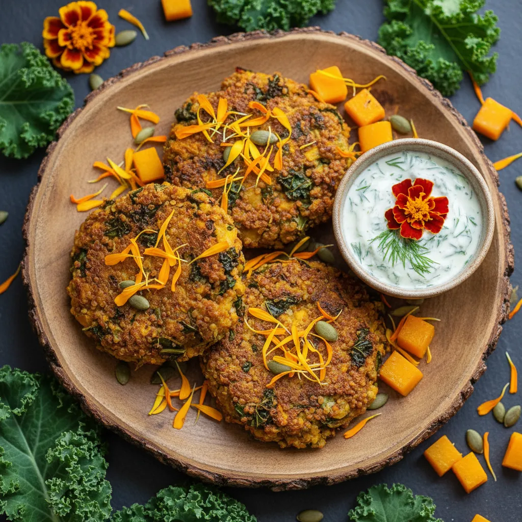 Savory Pumpkin and Kale Quinoa Cakes with Edible Marigold Garnish