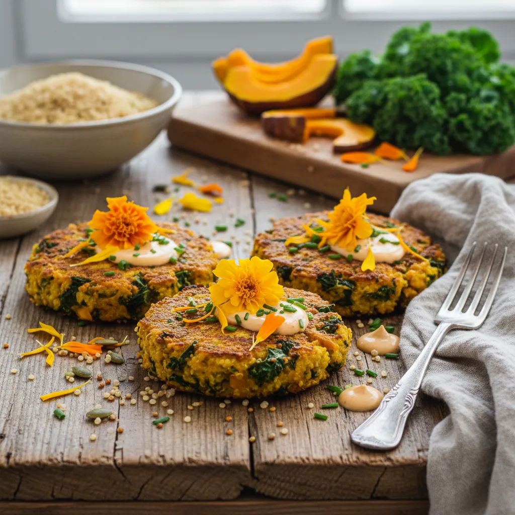Savory Pumpkin and Kale Quinoa Cakes with Edible Marigold Garnish