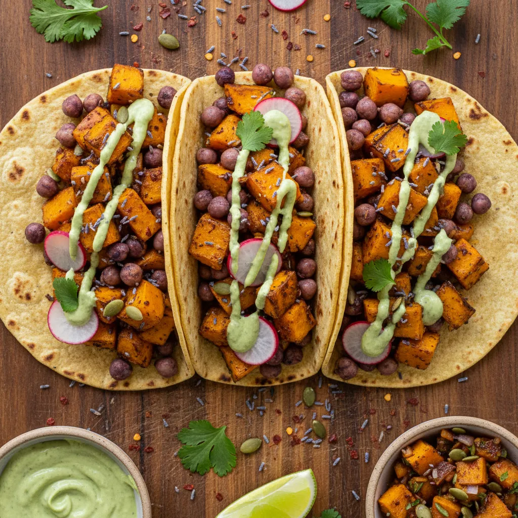 Savory Pumpkin and Lavender Chickpea Tacos with Avocado Lime Drizzle