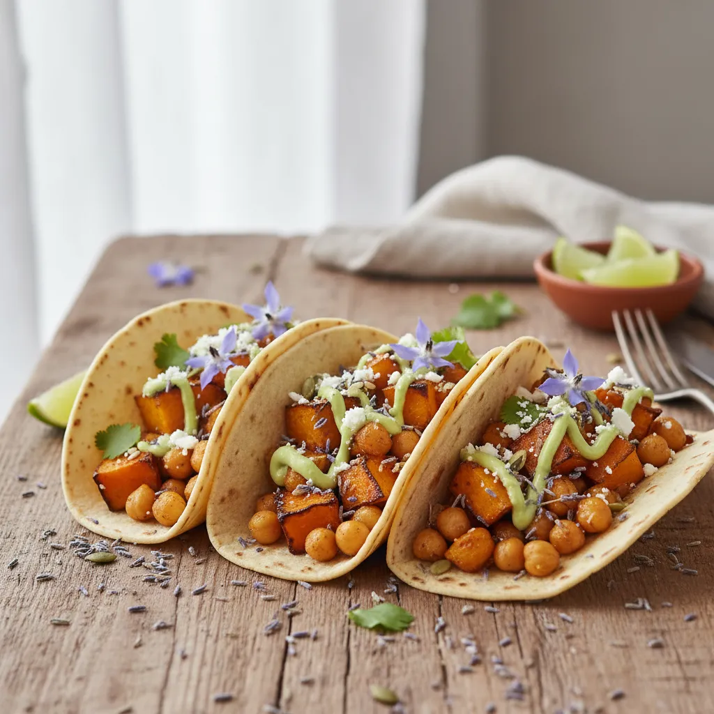 Savory Pumpkin and Lavender Chickpea Tacos with Avocado Lime Drizzle