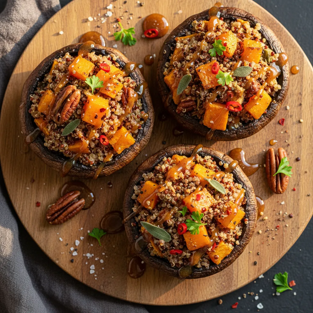 Savory Pumpkin and Sage Quinoa Stuffed Portobellos with Spicy Maple Drizzle