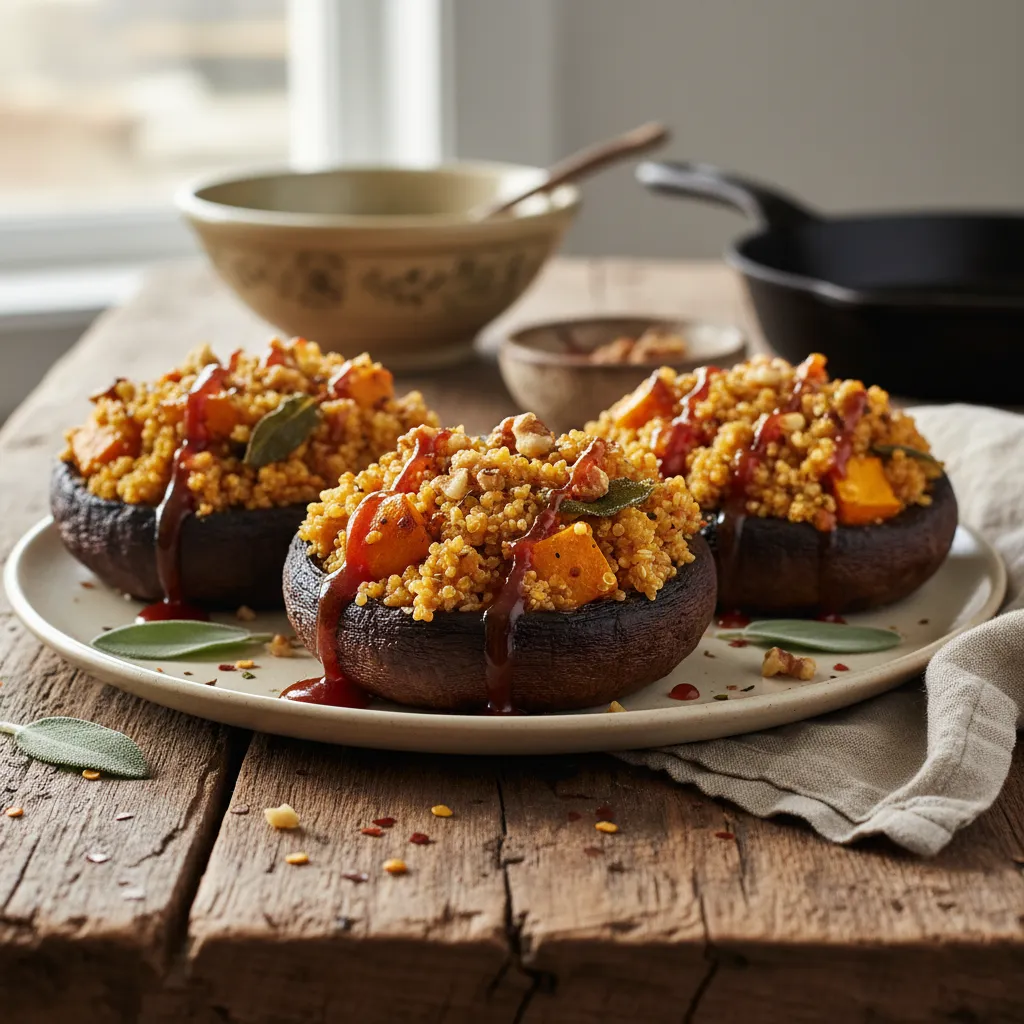 Savory Pumpkin and Sage Quinoa Stuffed Portobellos with Spicy Maple Drizzle