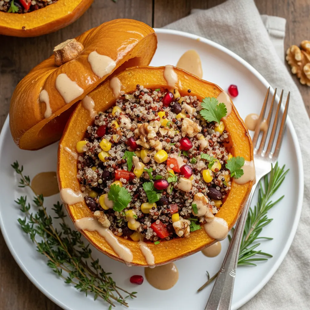Savory Quinoa-Stuffed Acorn Squash with Maple Tahini Drizzle