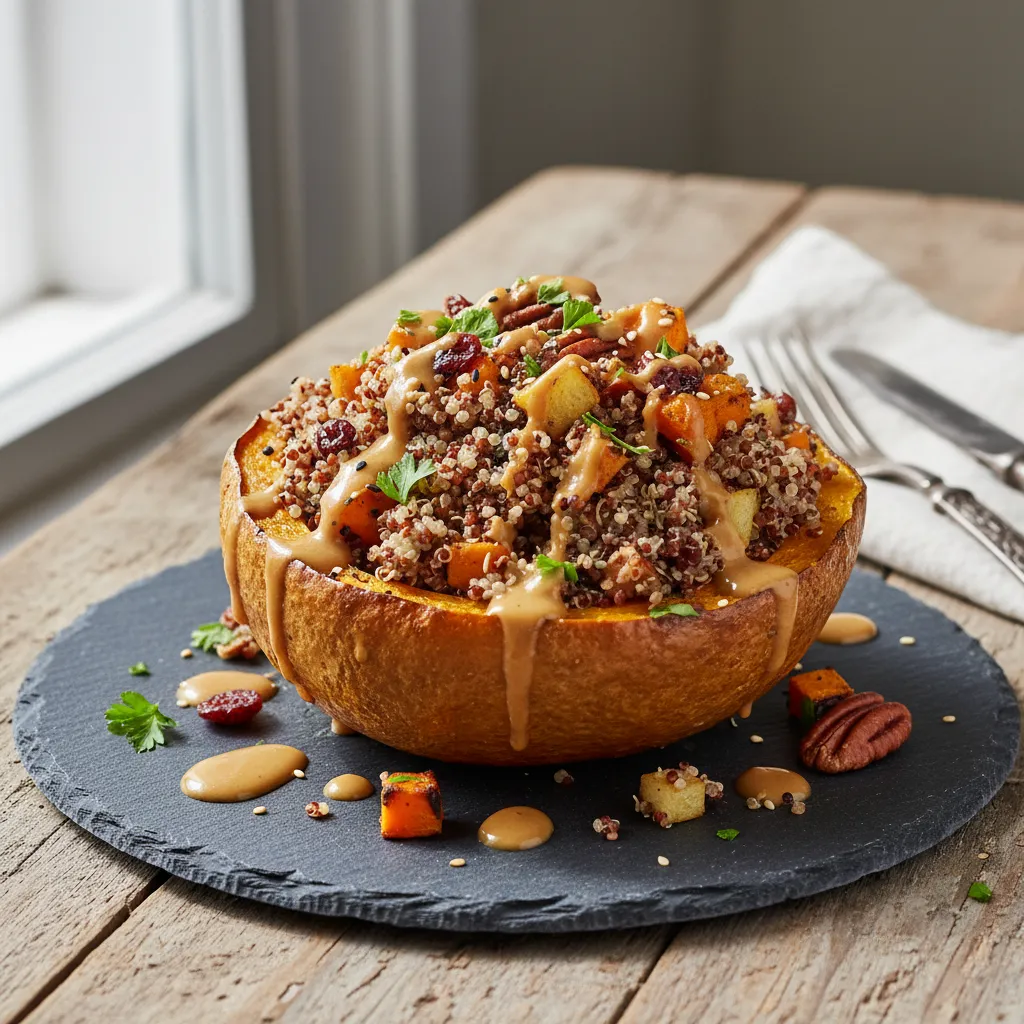 Savory Quinoa-Stuffed Acorn Squash with Maple Tahini Drizzle