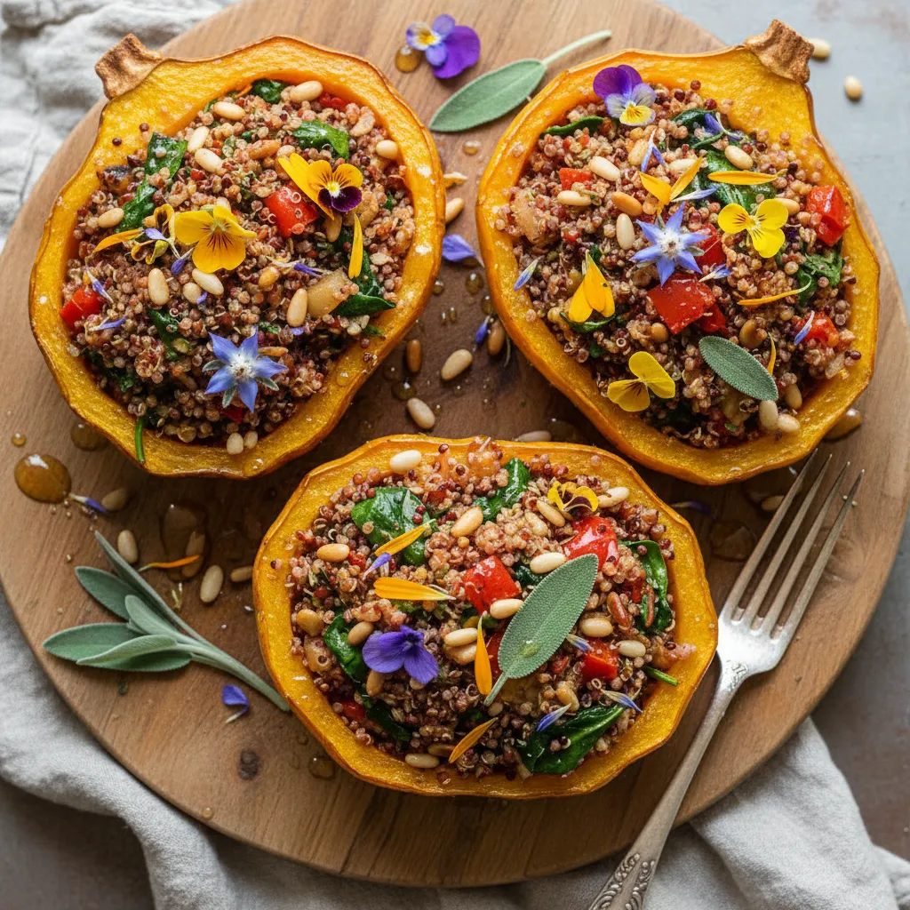 Savory Quinoa-Stuffed Delicata Squash with Sage and Edible Flowers