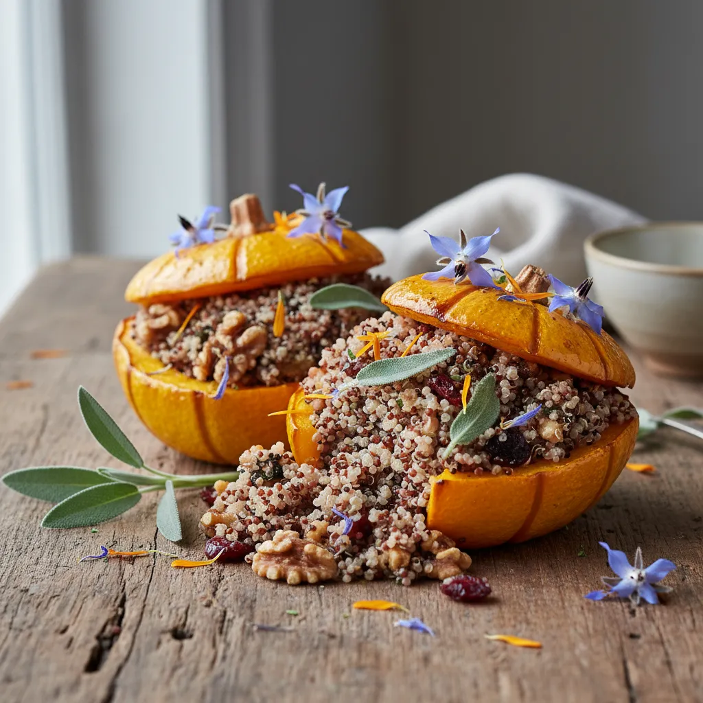 Savory Quinoa-Stuffed Delicata Squash with Sage and Edible Flowers