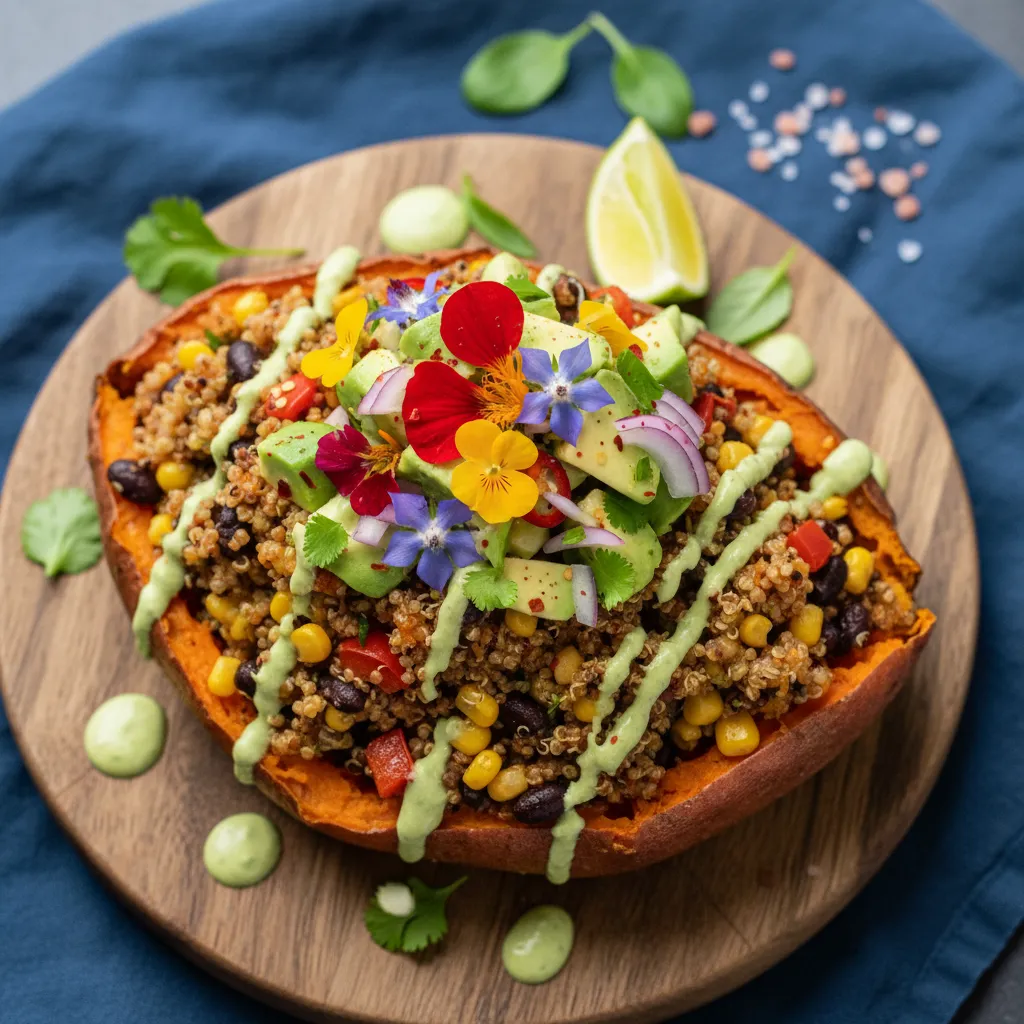 Savory Quinoa-Stuffed Sweet Potato with Edible Flower Salsa