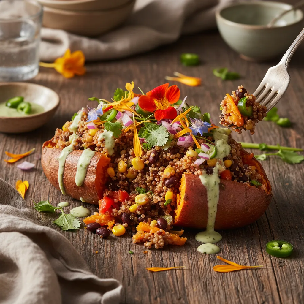 Savory Quinoa-Stuffed Sweet Potato with Edible Flower Salsa